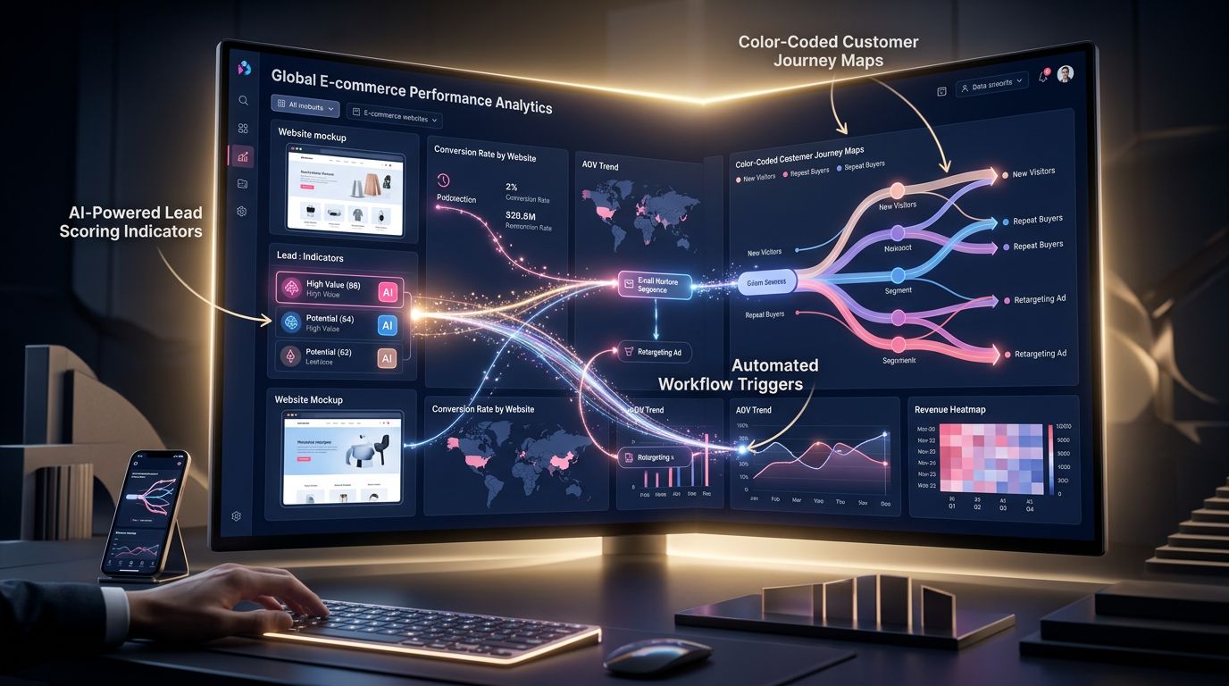 Tableau de bord IA centralisant le scoring de leads sur plusieurs boutiques en ligne