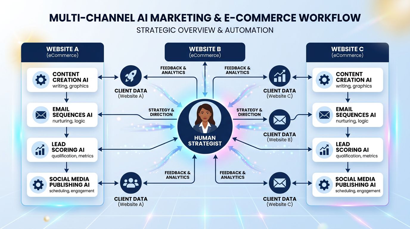 Schéma d'un workflow hybride humain-IA pour la gestion de plusieurs boutiques en ligne