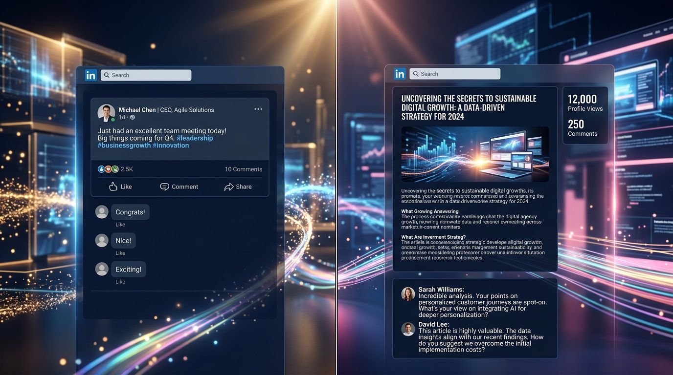 Comparaison entre l'engagement superficiel d'un post court et la profondeur d'interaction d'un article LinkedIn