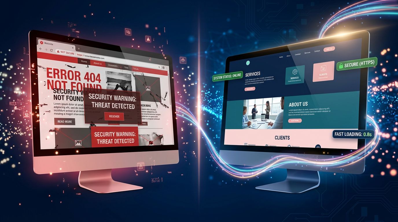 Comparaison visuelle entre un site web mal entretenu avec erreurs et un site performant et sécurisé