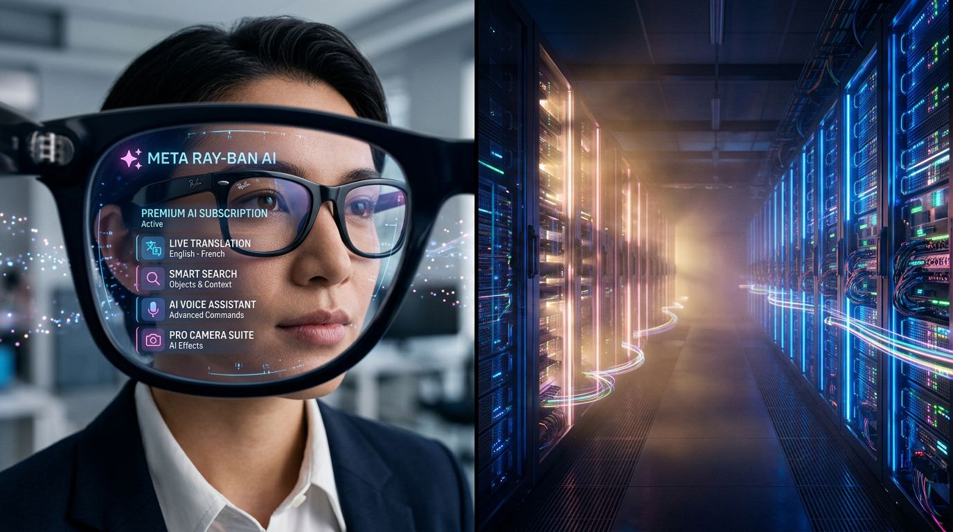 Gafas conectadas de Meta con suscripción de IA a la izquierda, centro de datos en la nube a la derecha