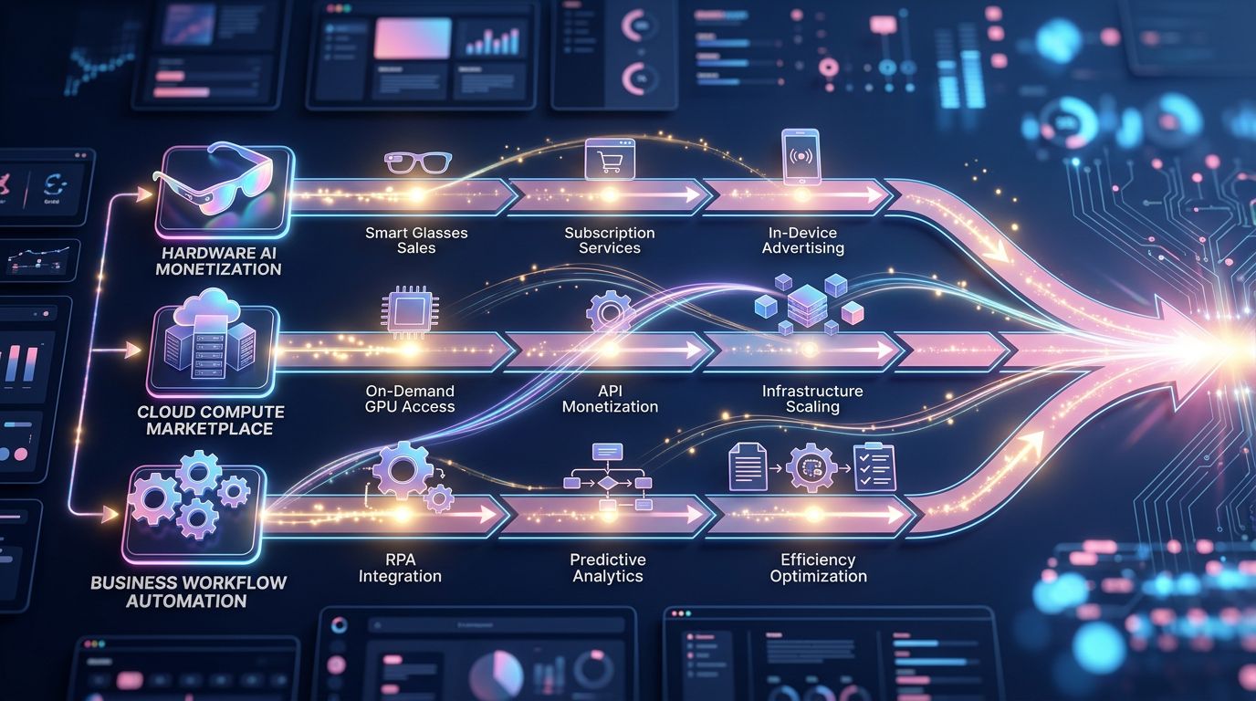 Esquema estratégico con los tres ejes de monetización de IA de Meta: hardware, cloud y automatización