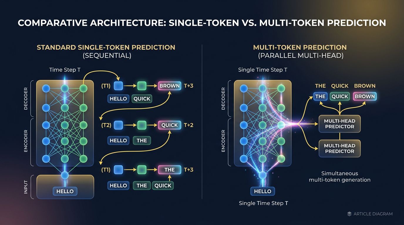 Diagramme comparant la prédiction token par token et la prédiction multi-token dans un transformer