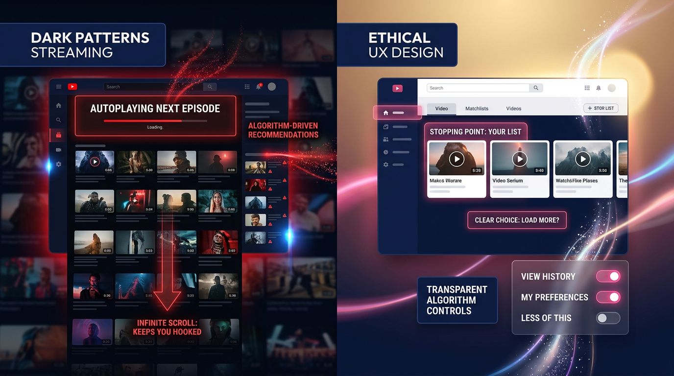 Interface de streaming avec algorithmes d'engagement mis en évidence face à un design UX éthique et transparent