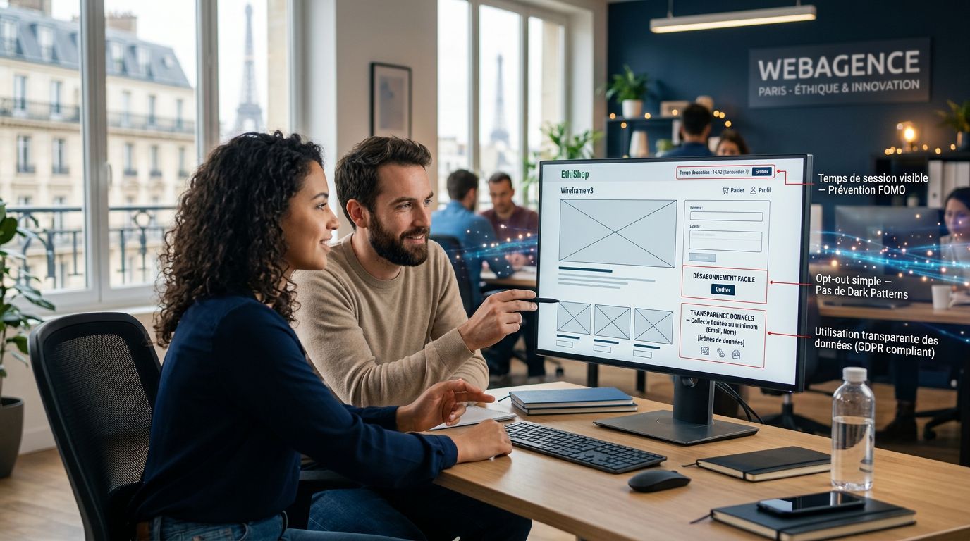 Équipe d'agence web travaillant sur des wireframes avec annotations de design éthique