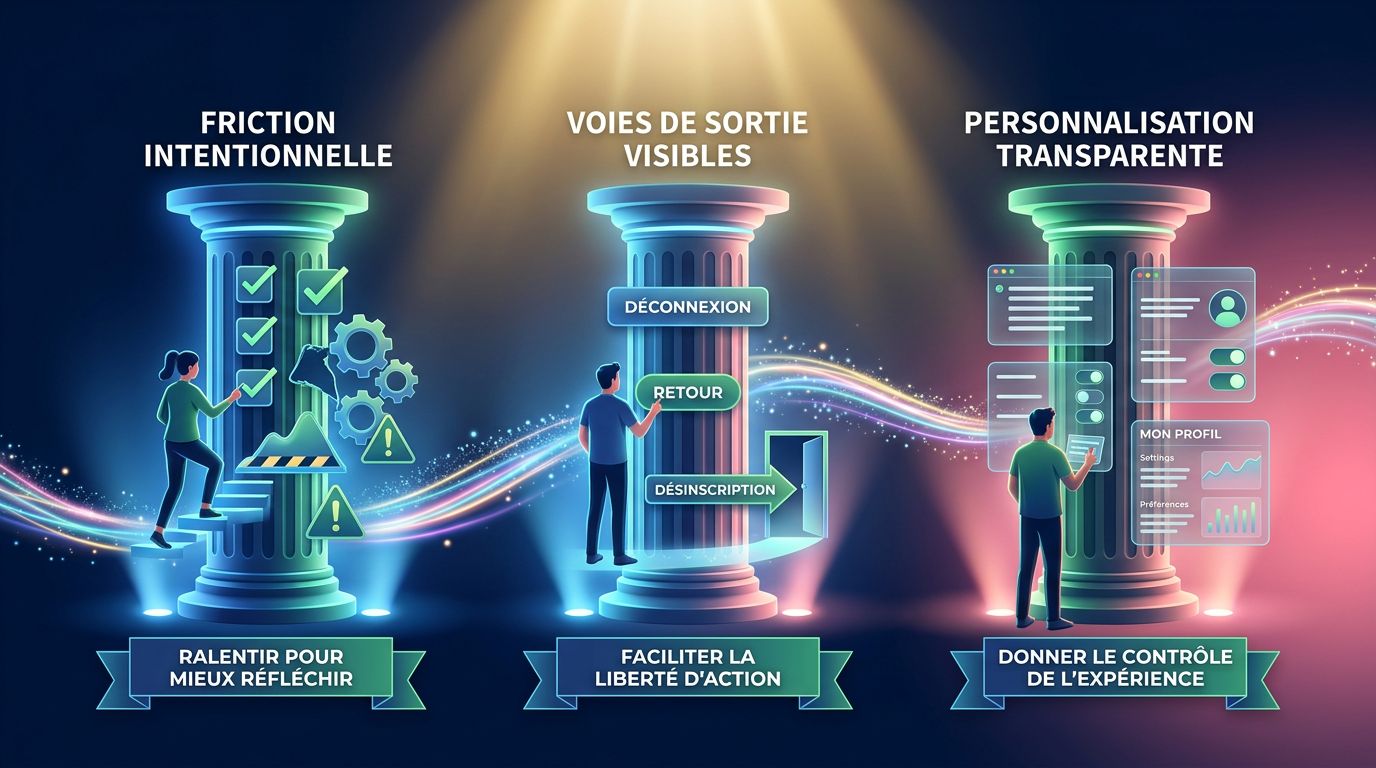 Infographie sur les trois piliers du design web éthique : friction intentionnelle, sorties visibles, personnalisation transparente