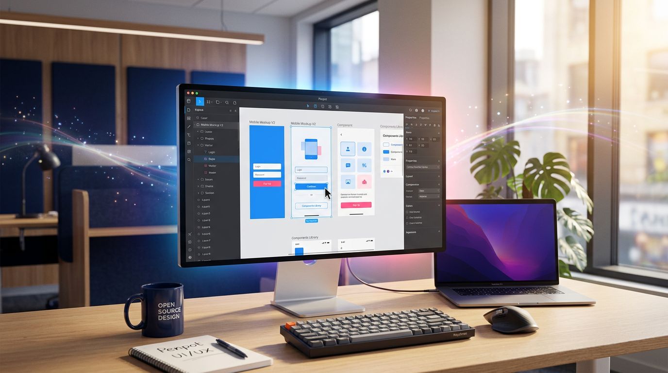 Écran d'ordinateur affichant l'interface de l'outil de design open-source Penpot avec des composants UI