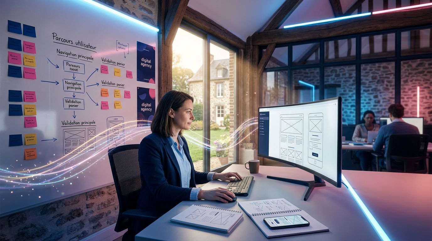 Développeur web en agence normande analysant des maquettes de site sur un grand écran