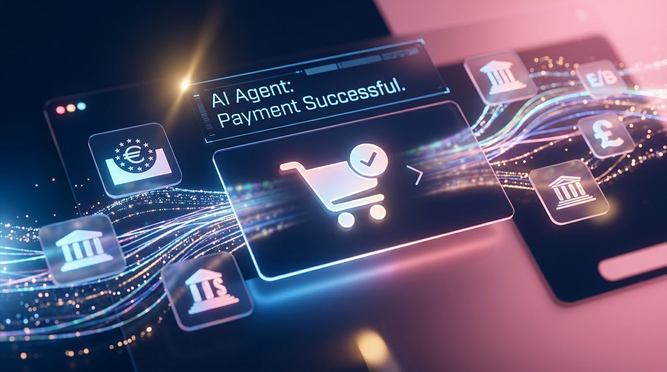 Un agent IA réalise un paiement automatique en ligne, illustrant le concept de paiement agentique en e-commerce