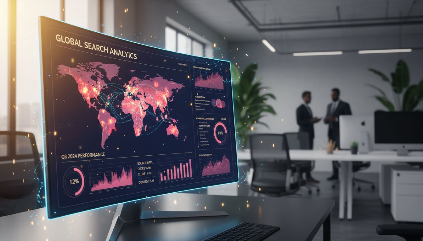Tableau de bord analytics montrant les requêtes de recherche et taux de rebond