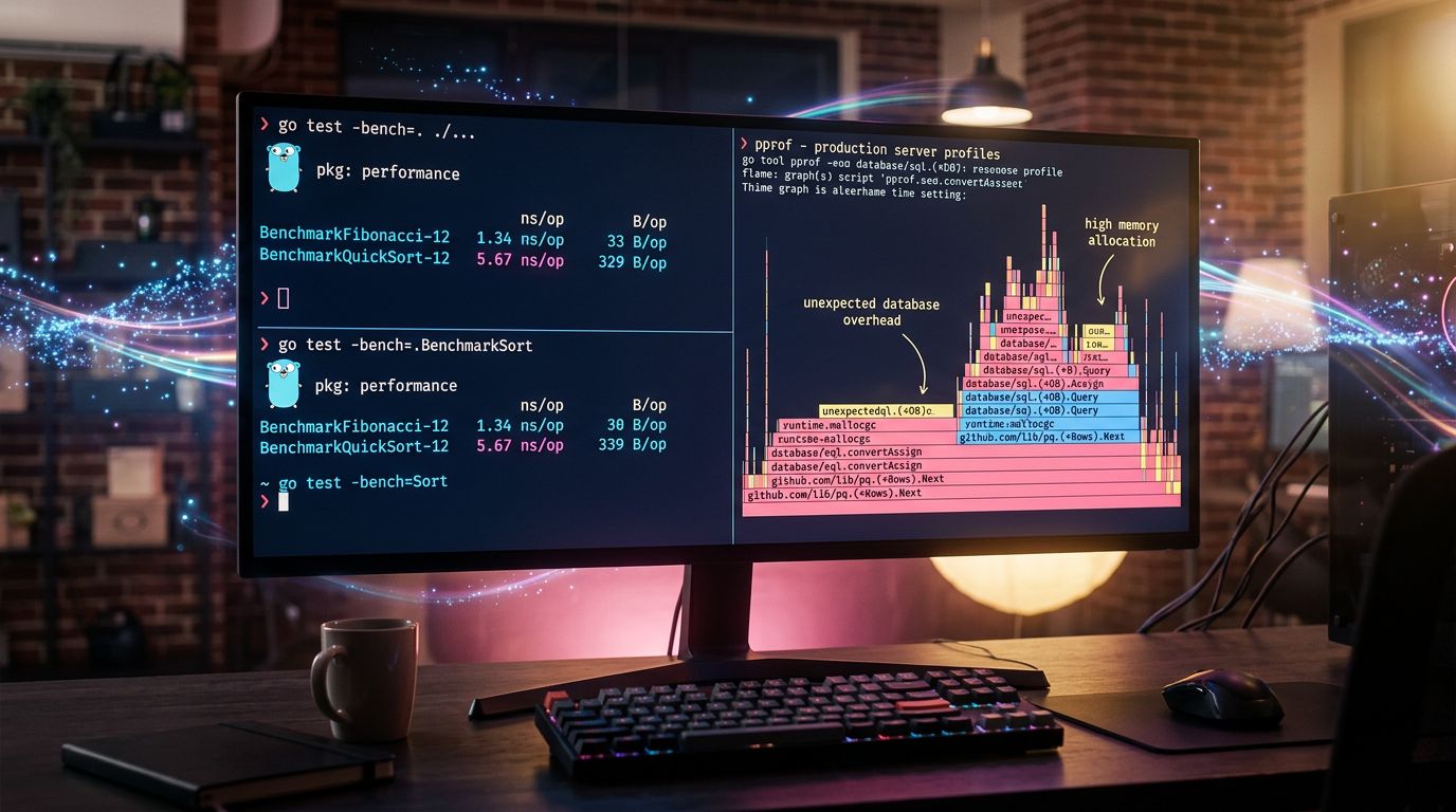 Dashboard comparant benchmarks Go théoriques et profiling réel en production, révélant des goulots d'étranglement cachés