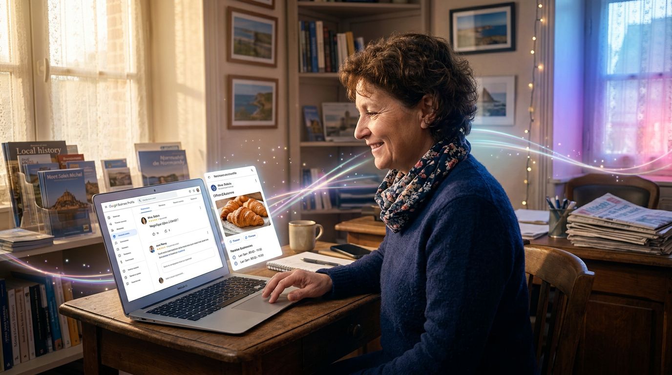Chef d'entreprise normand gérant sa fiche Google Business Profile avec avis et publications récentes