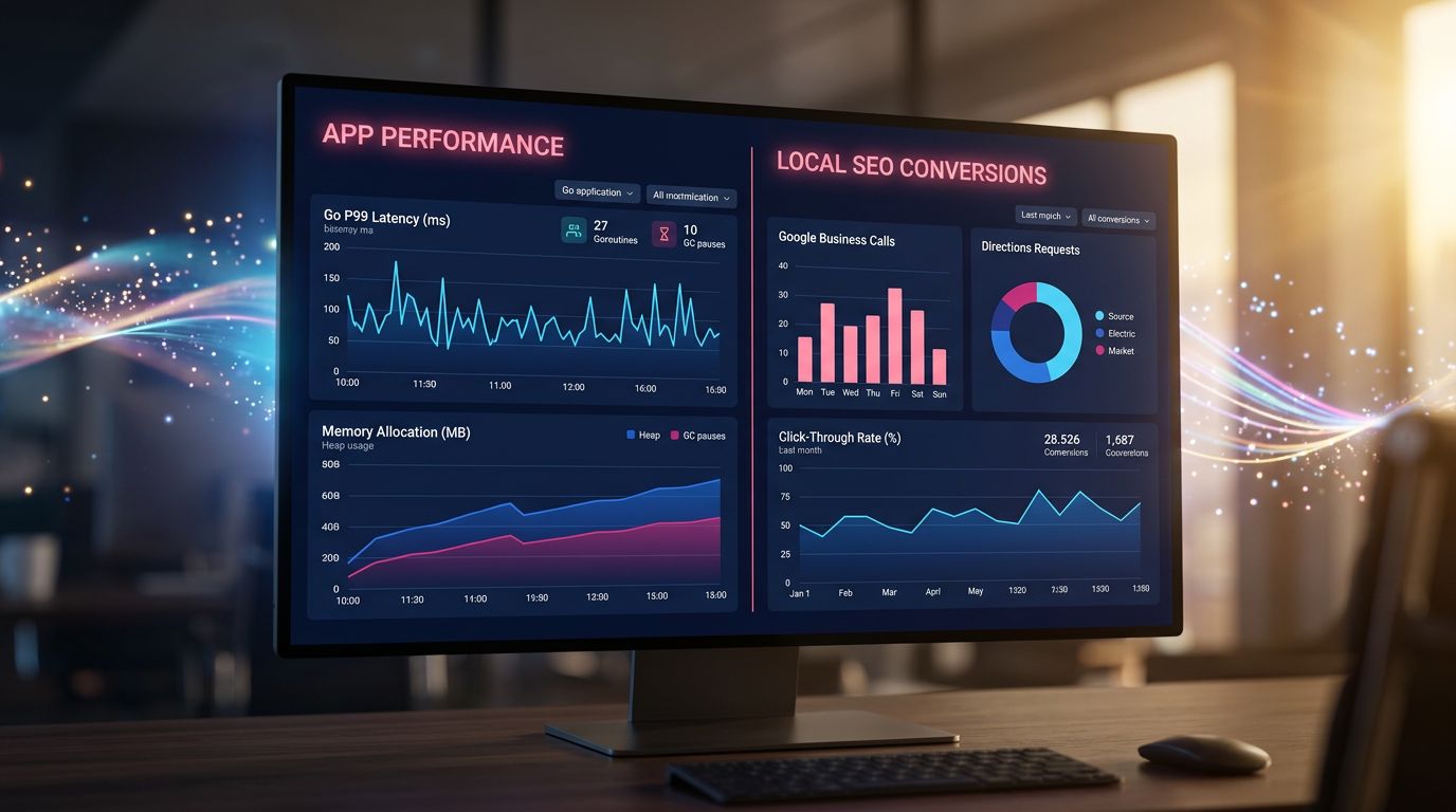 Tableau de bord analytique comparant métriques de performance technique et conversions SEO local