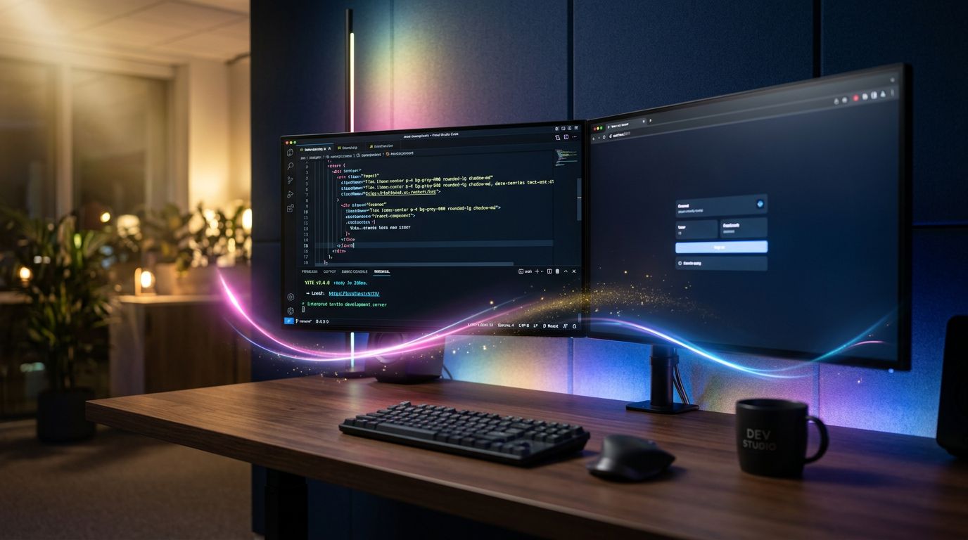 Poste de développeur avec VS Code affichant du code React et Tailwind, environnement de travail moderne
