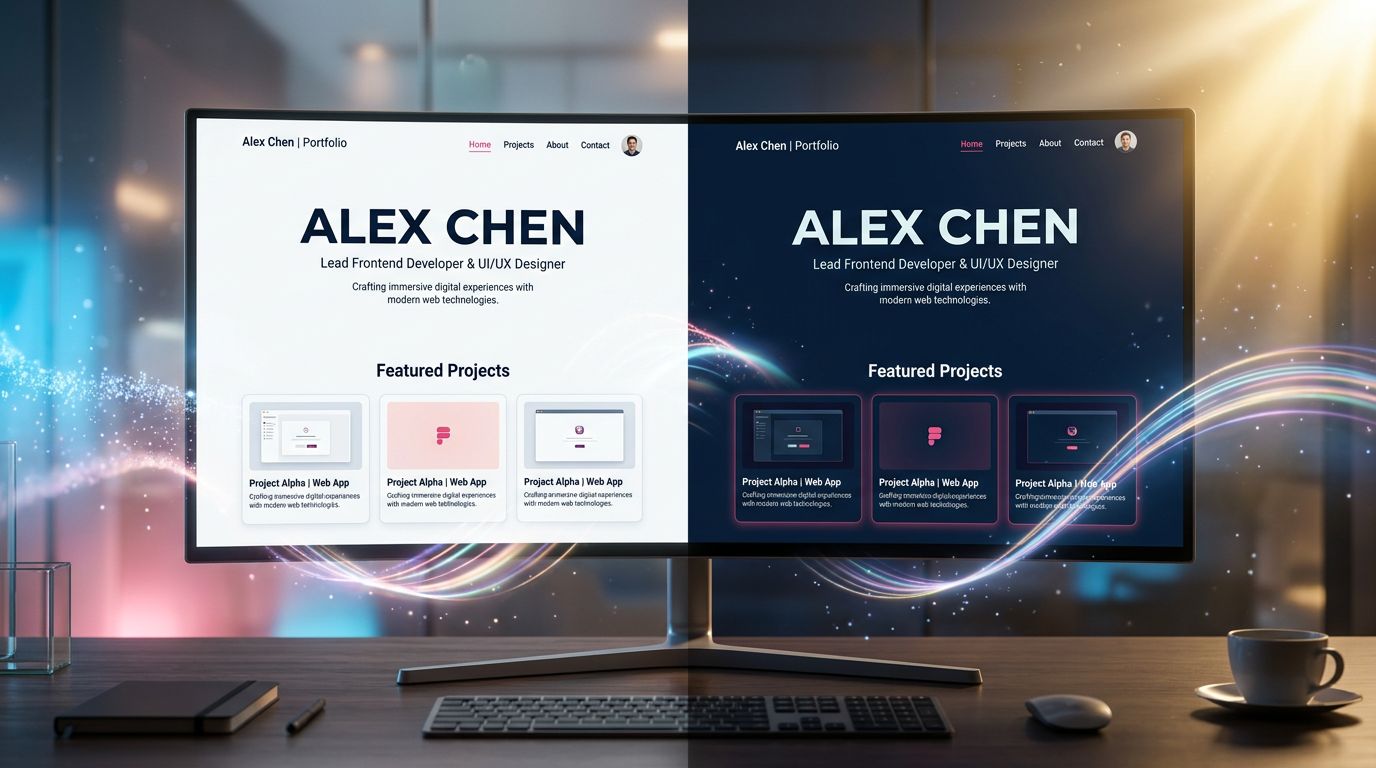 Portfolio développeur en mode clair à gauche et mode sombre à droite, design minimaliste moderne