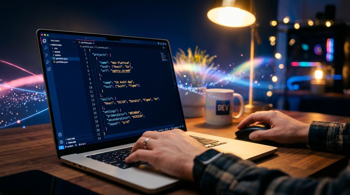 Développeur modifiant un fichier de configuration JSON pour personnaliser son portfolio