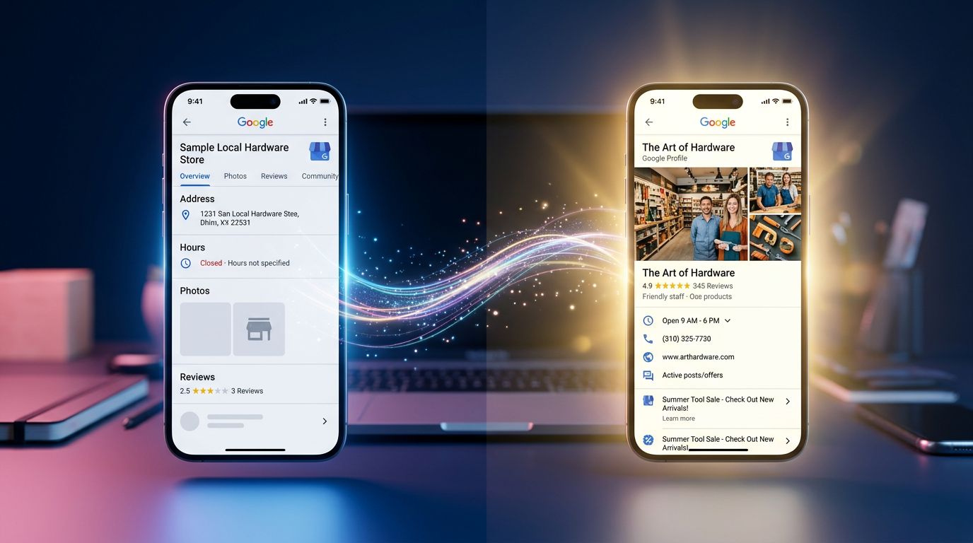 Comparaison entre une fiche Google Business mal remplie et une fiche optimisée avec avis et photos