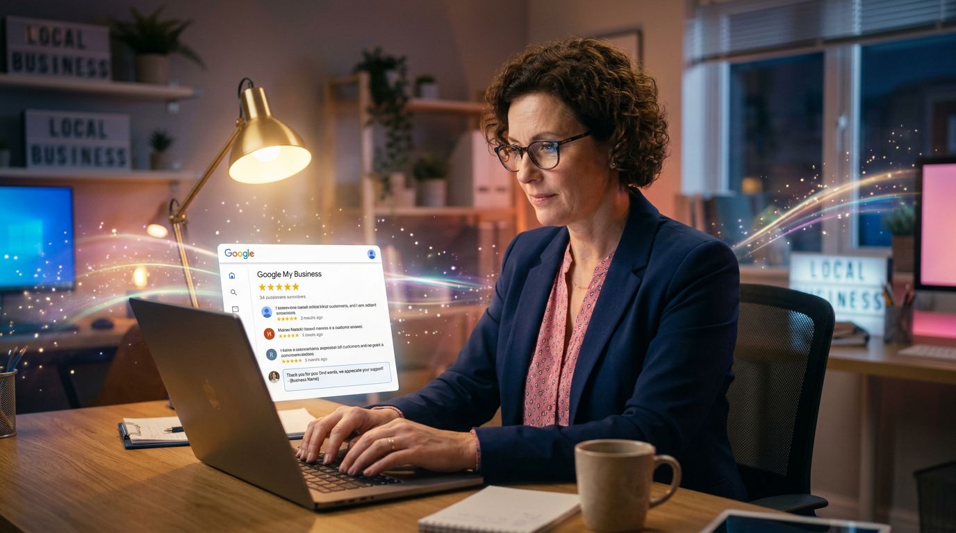 Chef d'entreprise répondant aux avis Google sur son ordinateur portable dans son bureau