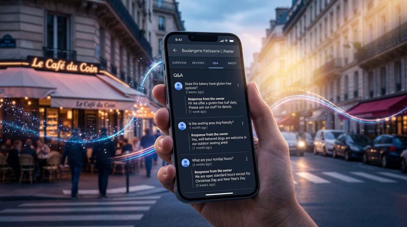 Section Questions-Réponses d'une fiche Google Business Profile sur smartphone avec réponses du propriétaire