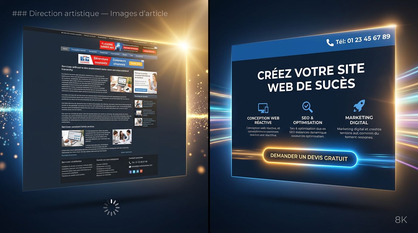 Comparaison entre un site web confus sans appel à l'action visible et un site clair avec bouton de contact mis en avant