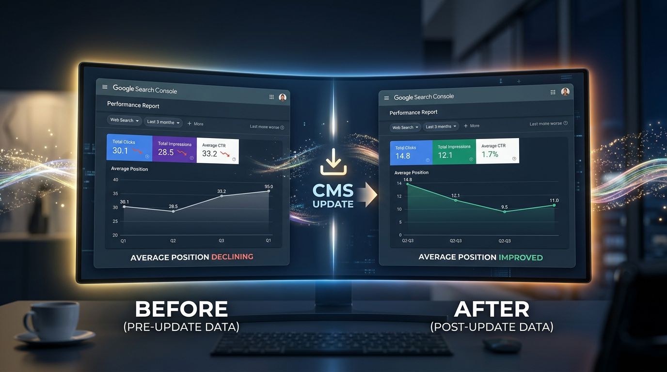 Before/after comparison of average position in Google Search Console following a PrestaShop migration