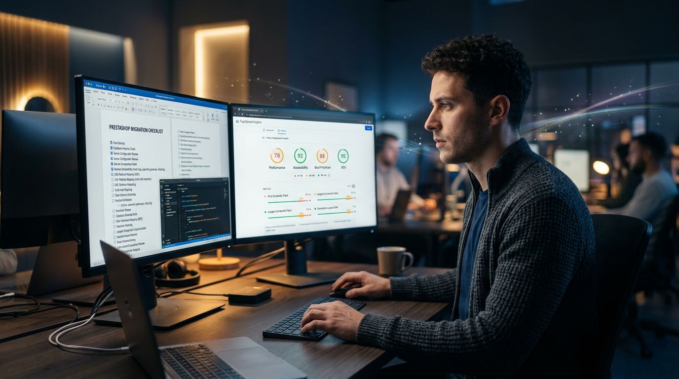 Developer performing a technical audit before PrestaShop migration, with performance metrics on screen