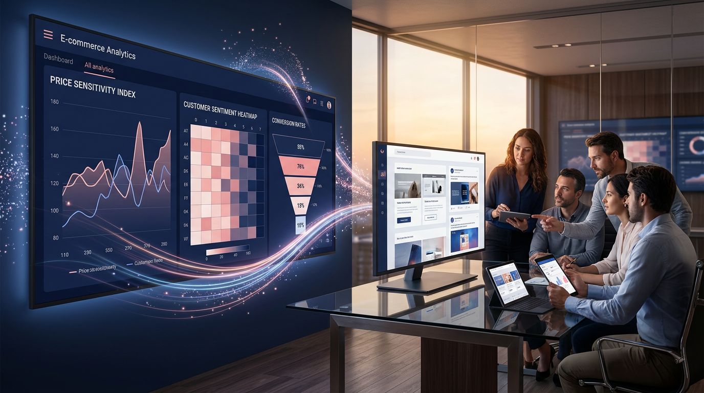 Tableau de bord e-commerce en temps réel montrant des données de pricing et de sentiment consommateur
