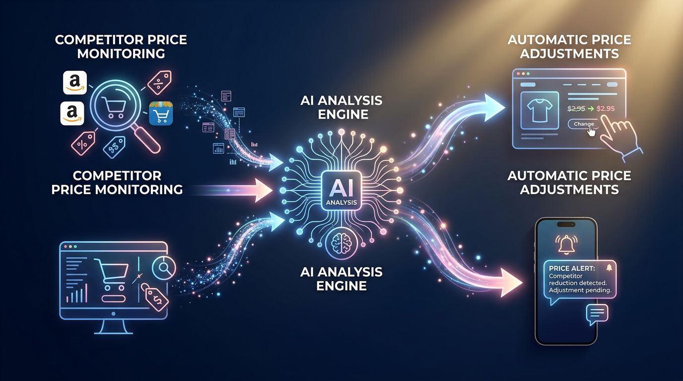 Schéma d'un workflow automatisé de pricing e-commerce avec IA et alertes en temps réel