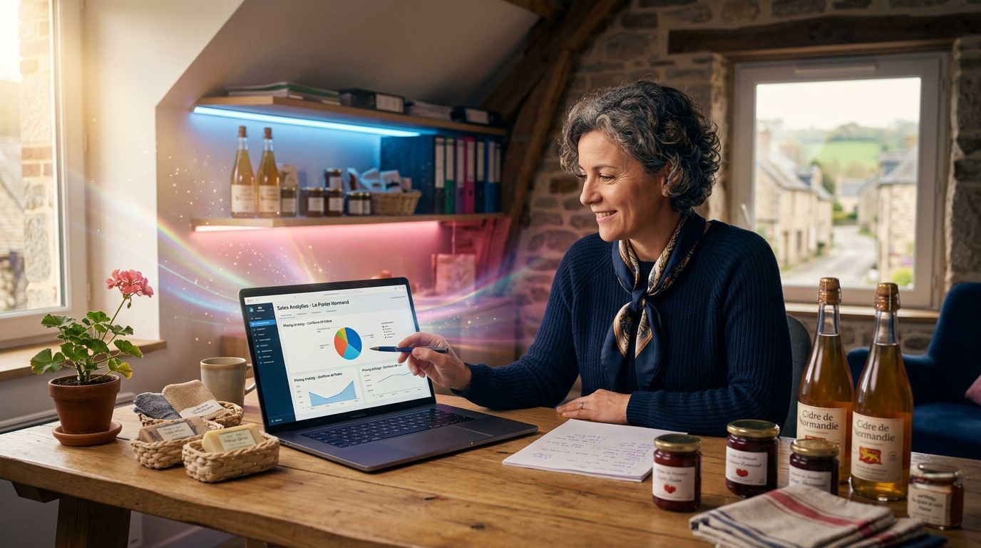Chef d'entreprise normand analysant les données de sa boutique en ligne pour optimiser sa stratégie tarifaire