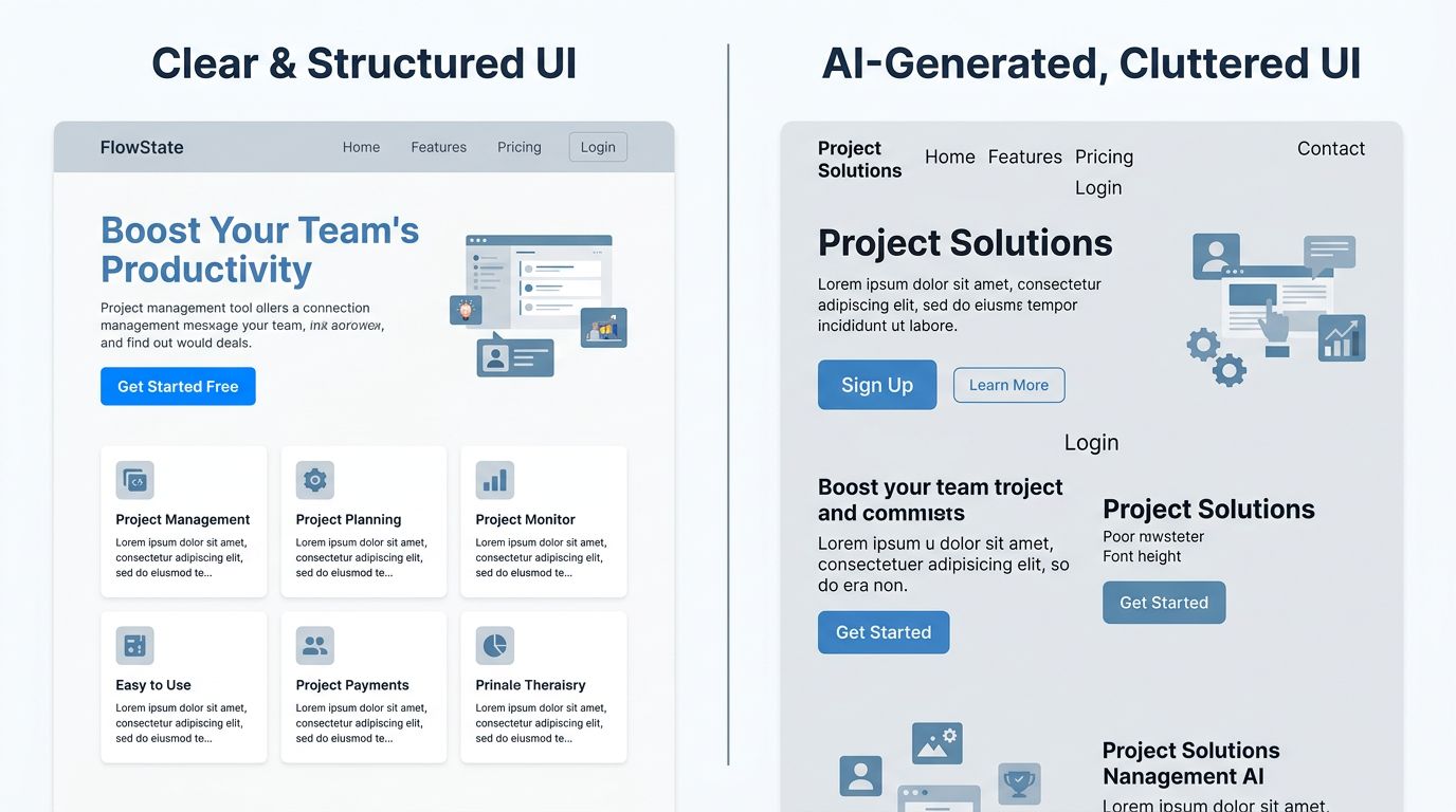 Comparaison entre une interface claire et une interface générée par IA avec des incohérences visuelles