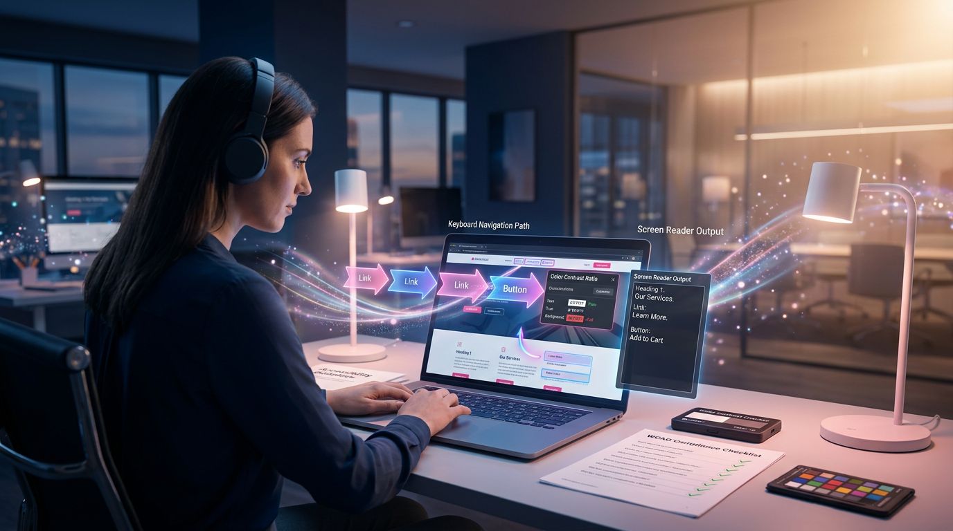 Audit d'accessibilité web en cours, vérification du contraste et de la navigation clavier