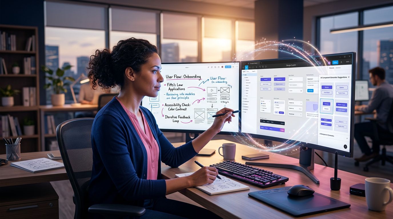 Designer utilisant l'IA comme outil avec supervision humaine sur les principes UX