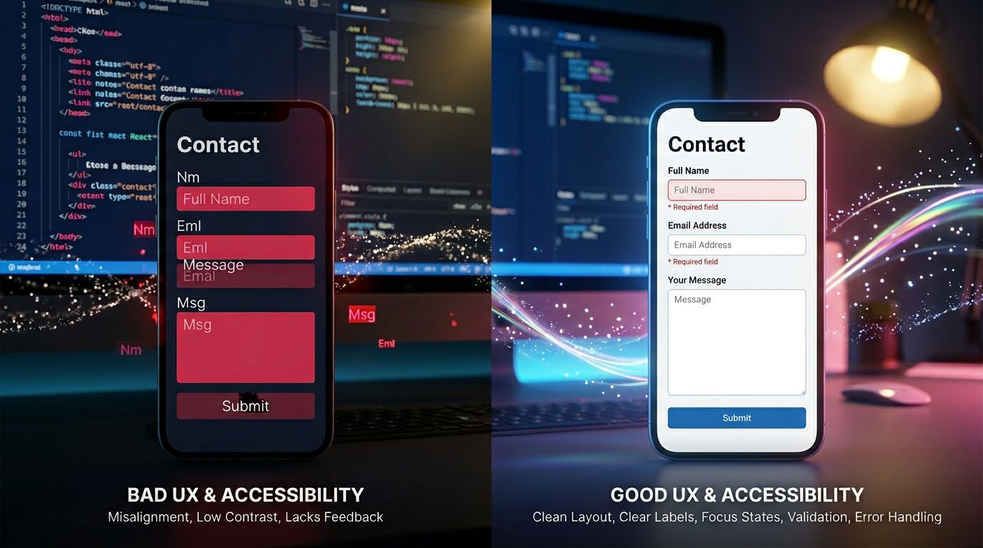 Comparaison entre un formulaire web mal conçu et un formulaire accessible et performant sur mobile