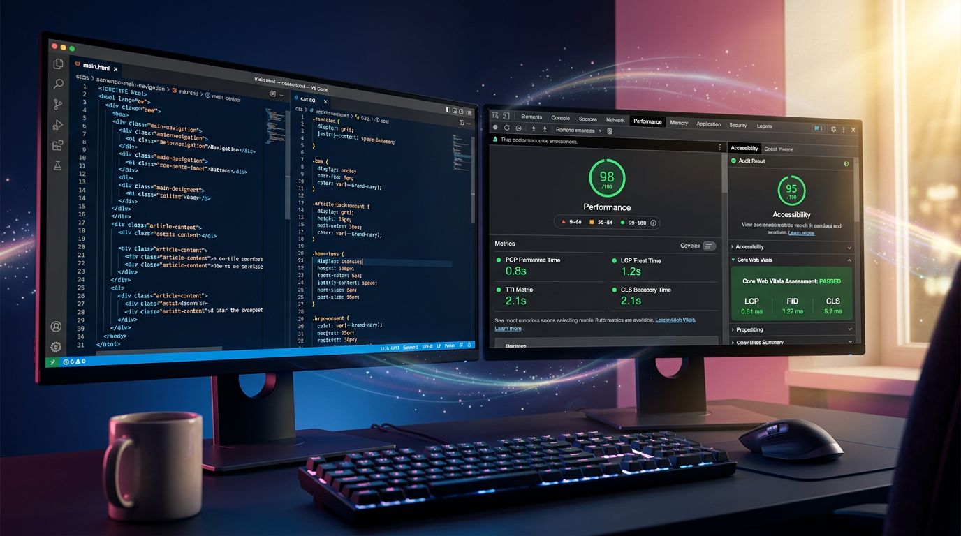 Environnement de développement avec code propre et scores de performance excellents dans les outils navigateur