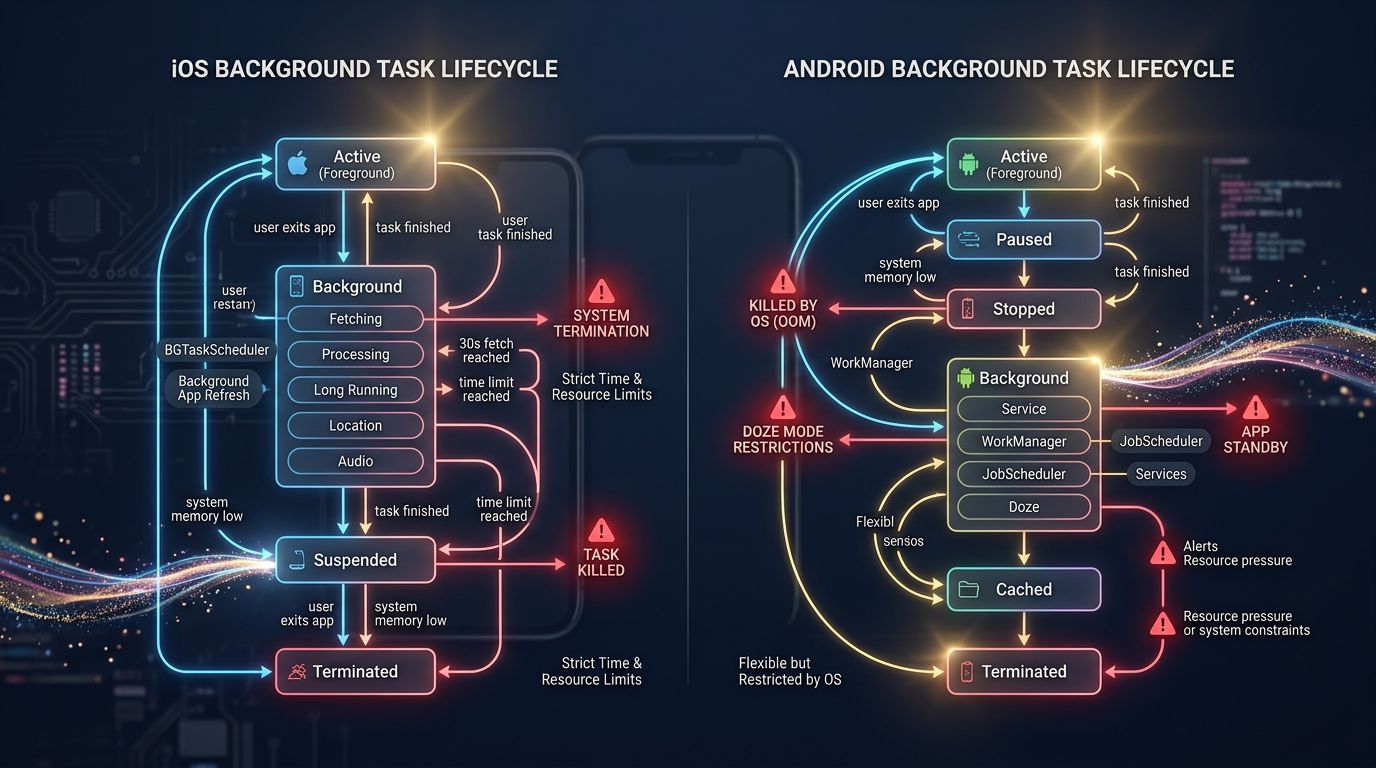 Diagramm des Lebenszyklus von Hintergrundaufgaben auf iOS und Android mit Fehlerpunkten