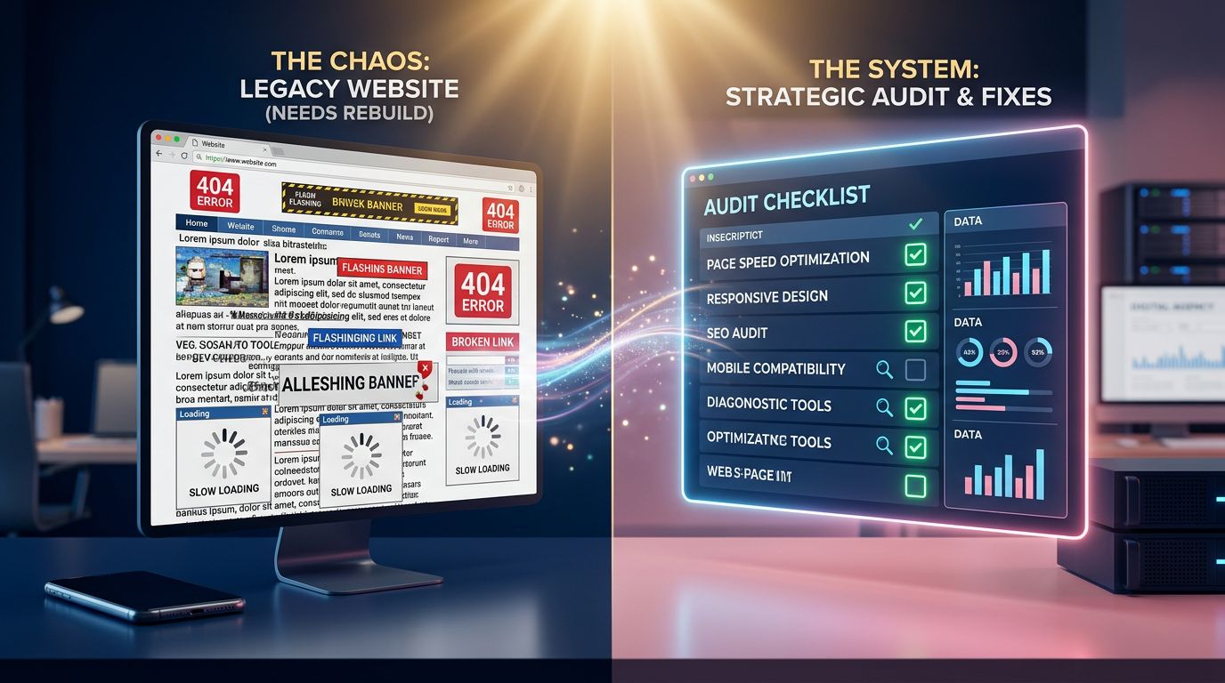 Comparaison entre un site web vieillissant avec des erreurs et un audit technique ciblé