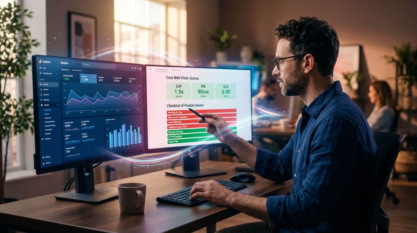 Un développeur web analysant un rapport d'audit technique avec des métriques de performance et une liste de corrections prioritaires