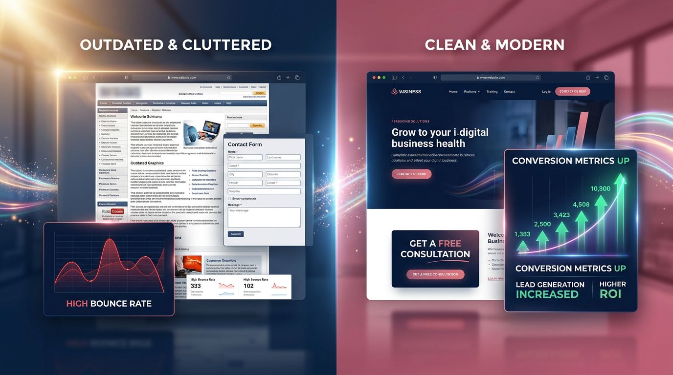 Comparaison entre un ancien site web peu performant et une version modernisée avec de meilleurs taux de conversion