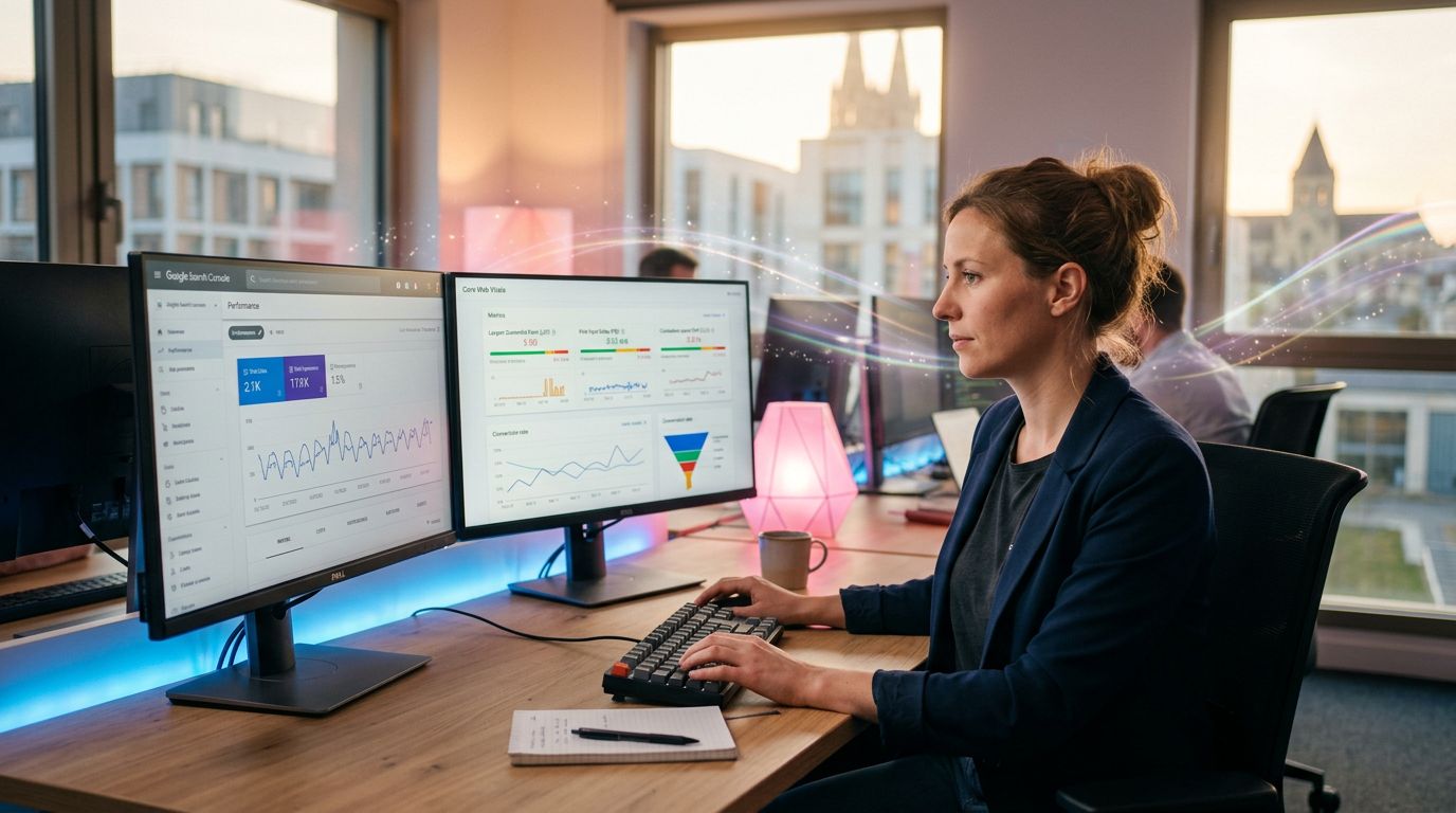 Un développeur web analysant les performances techniques et les métriques de conversion d'un site client