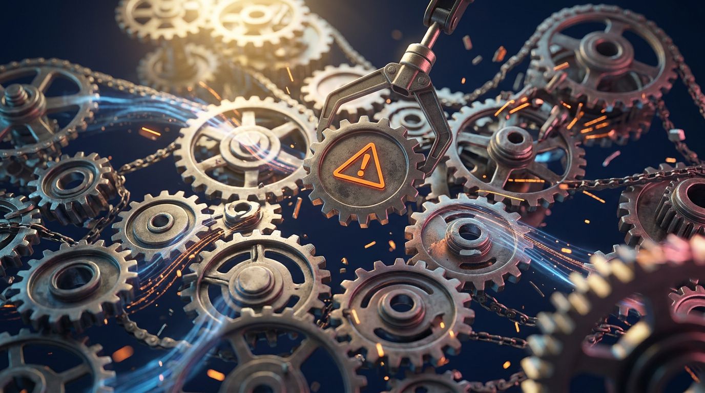 Engrenages interconnectés représentant un workflow automatisé avec une pièce centrale défaillante