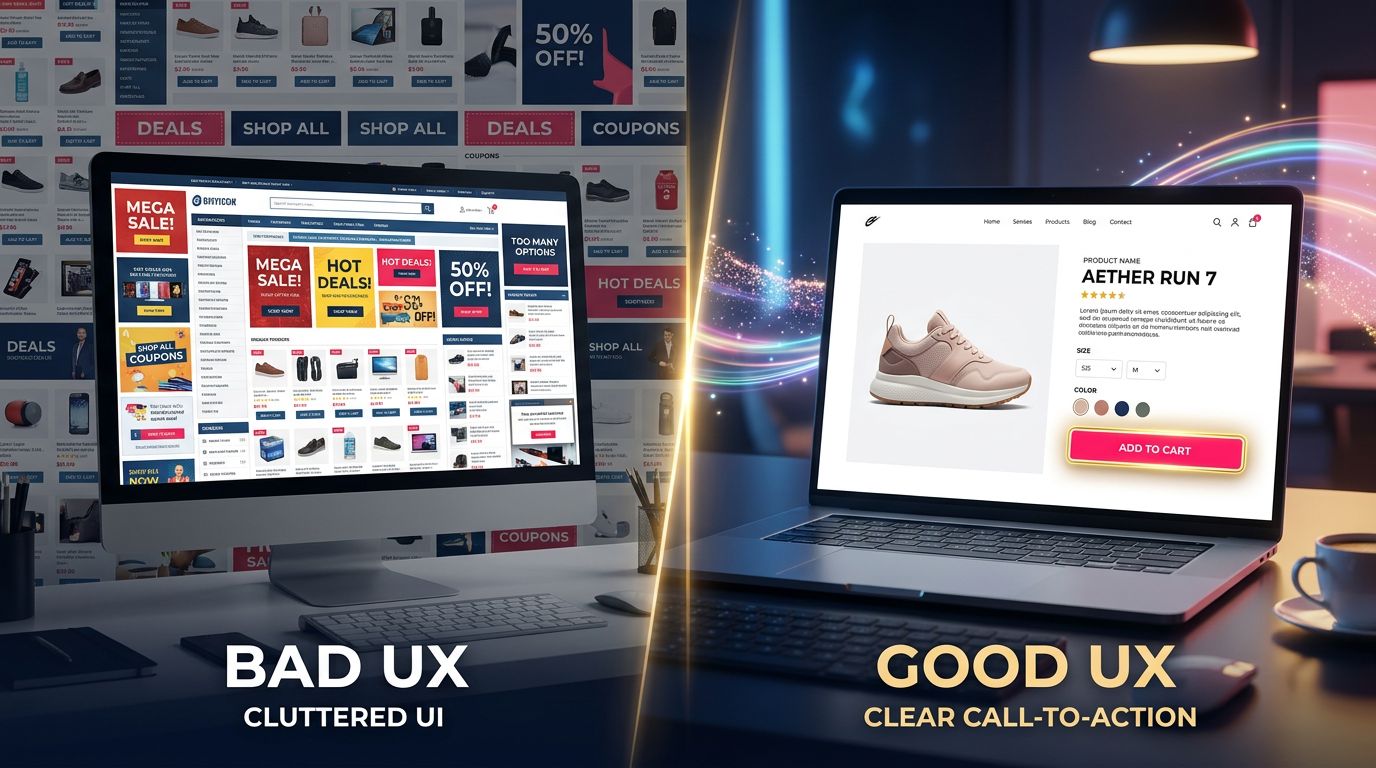 Comparaison entre une interface web surchargée et une interface épurée centrée sur la conversion