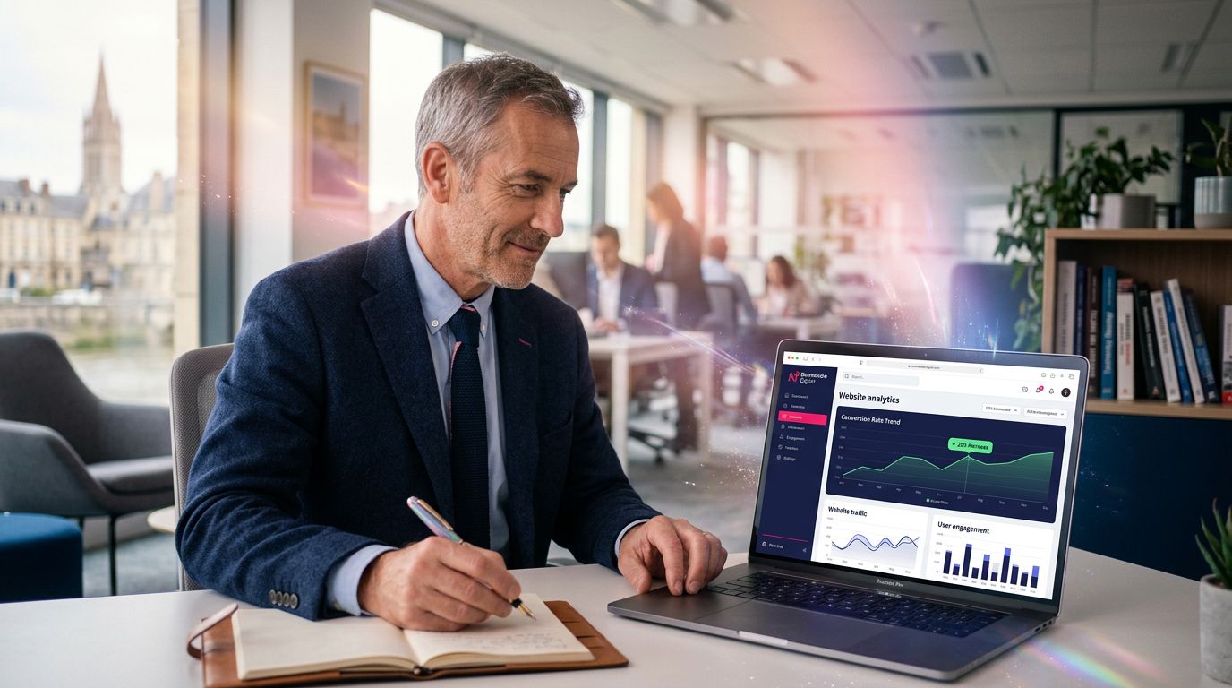 Chef d'entreprise normand analysant les performances de son site web sur un ordinateur portable