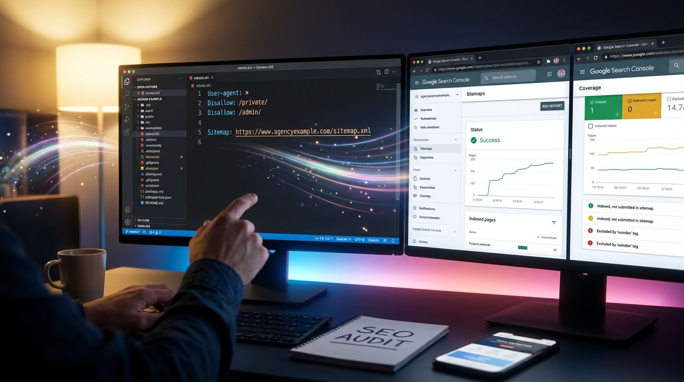 Développeur qui audite un fichier robots.txt dans un éditeur de code avec Google Search Console ouvert