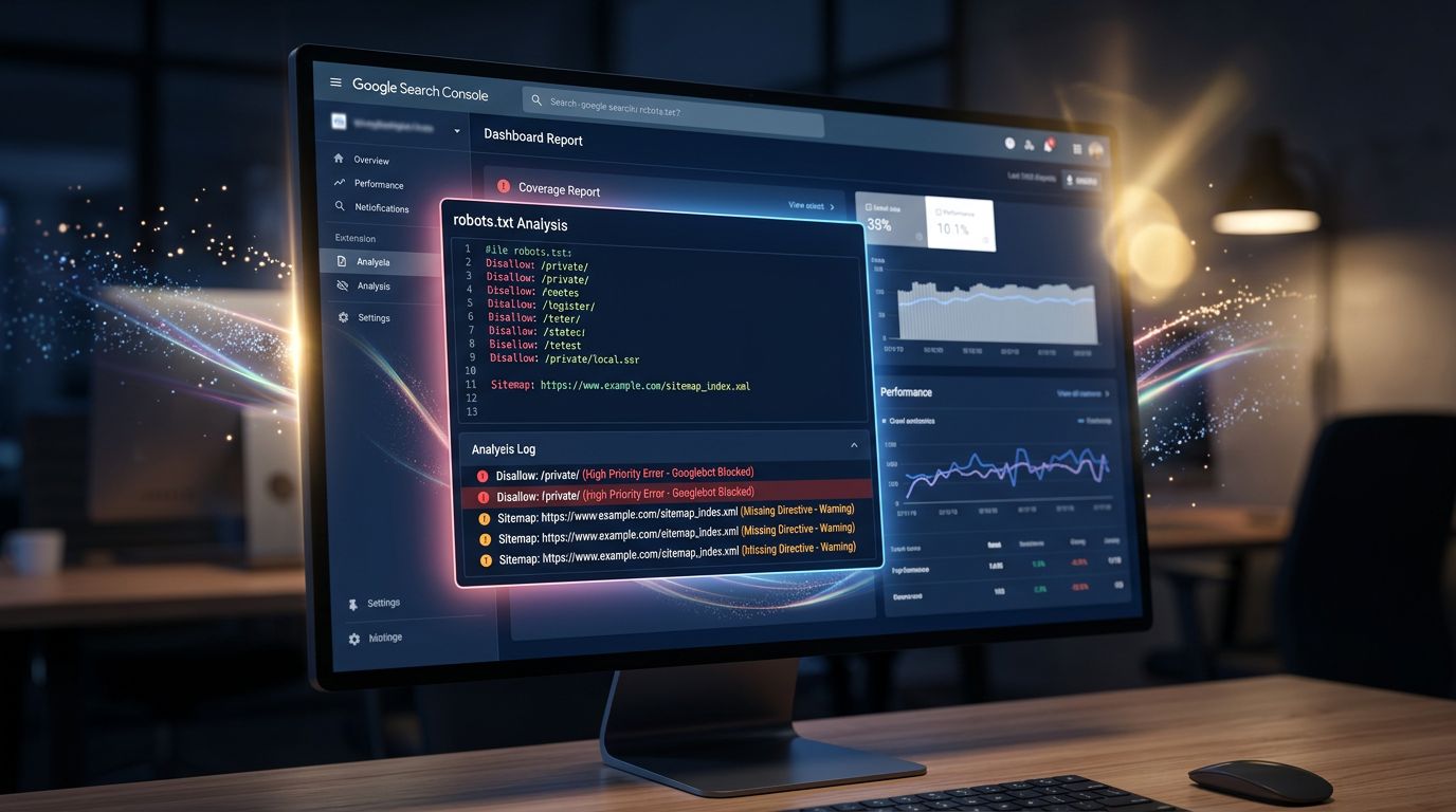 Capture d'écran d'un audit technique SEO montrant l'analyse d'un fichier robots.txt et les erreurs de crawl Google