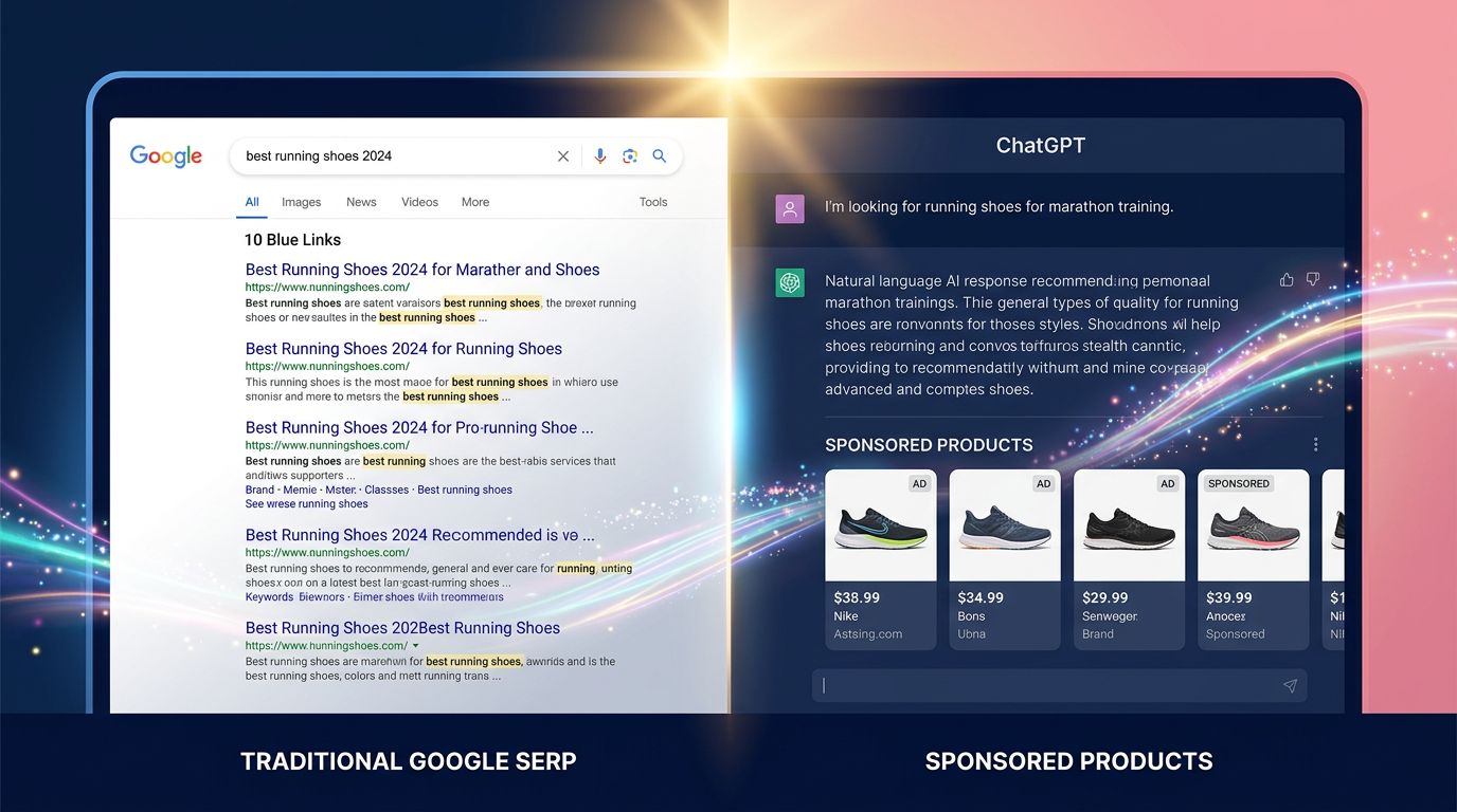 Comparaison visuelle entre une page de résultats Google classique et une interface ChatGPT avec recommandations sponsorisées intégrées