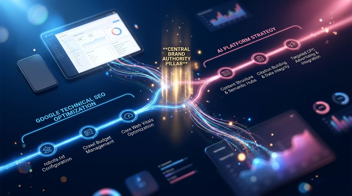 Schéma stratégique montrant deux axes parallèles : optimisation technique Google et stratégie de visibilité sur les plateformes IA