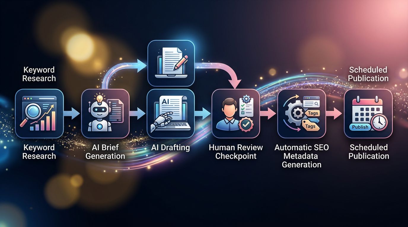 Schéma du pipeline de création de contenu SEO automatisé de la recherche de mots-clés à la publication