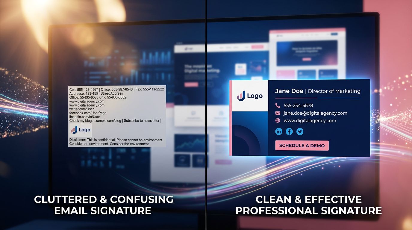 Comparaison entre une signature e-mail mal structurée et une signature optimisée avec hiérarchie visuelle claire