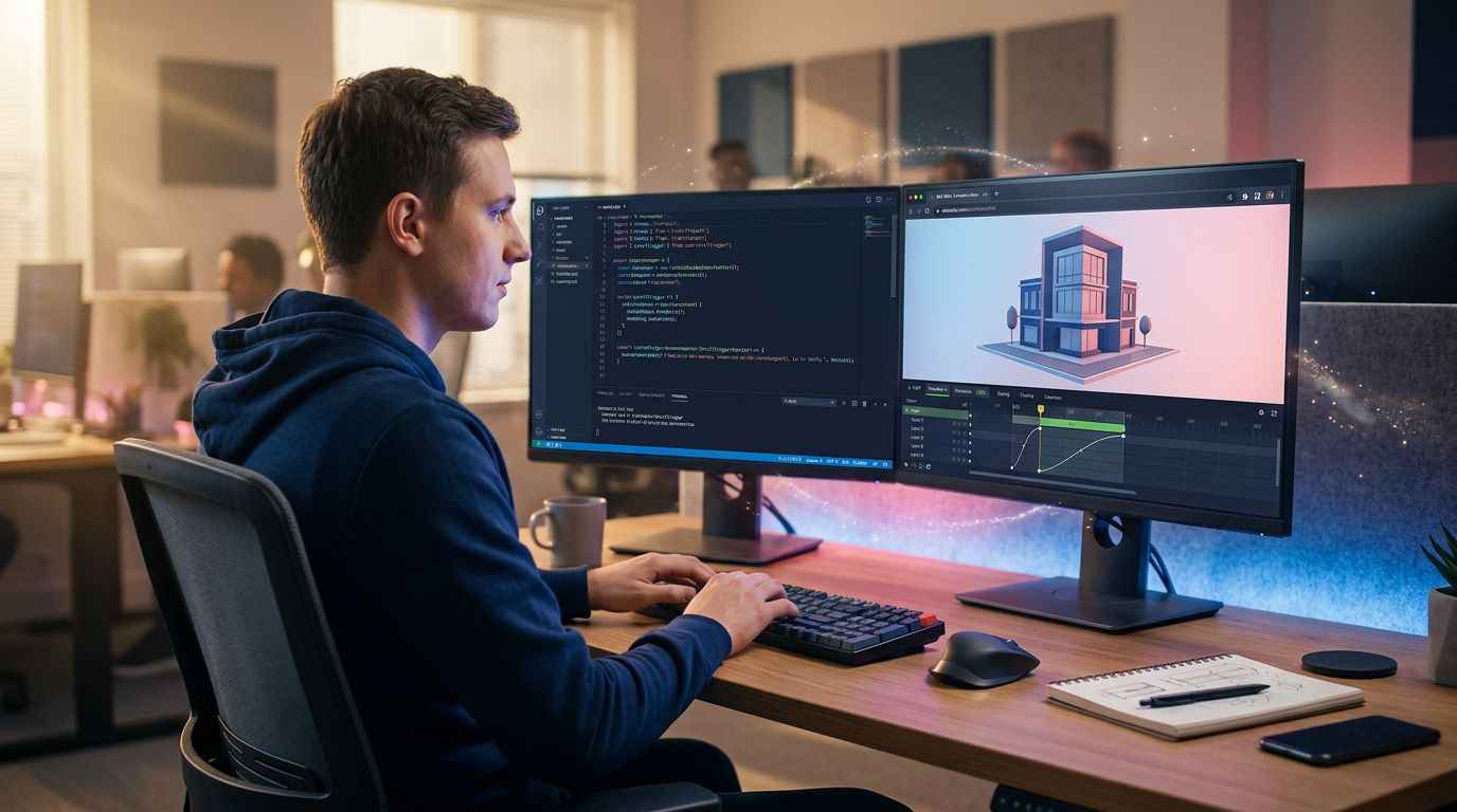 Un développeur travaille sur une scène 3D interactive dans un navigateur moderne