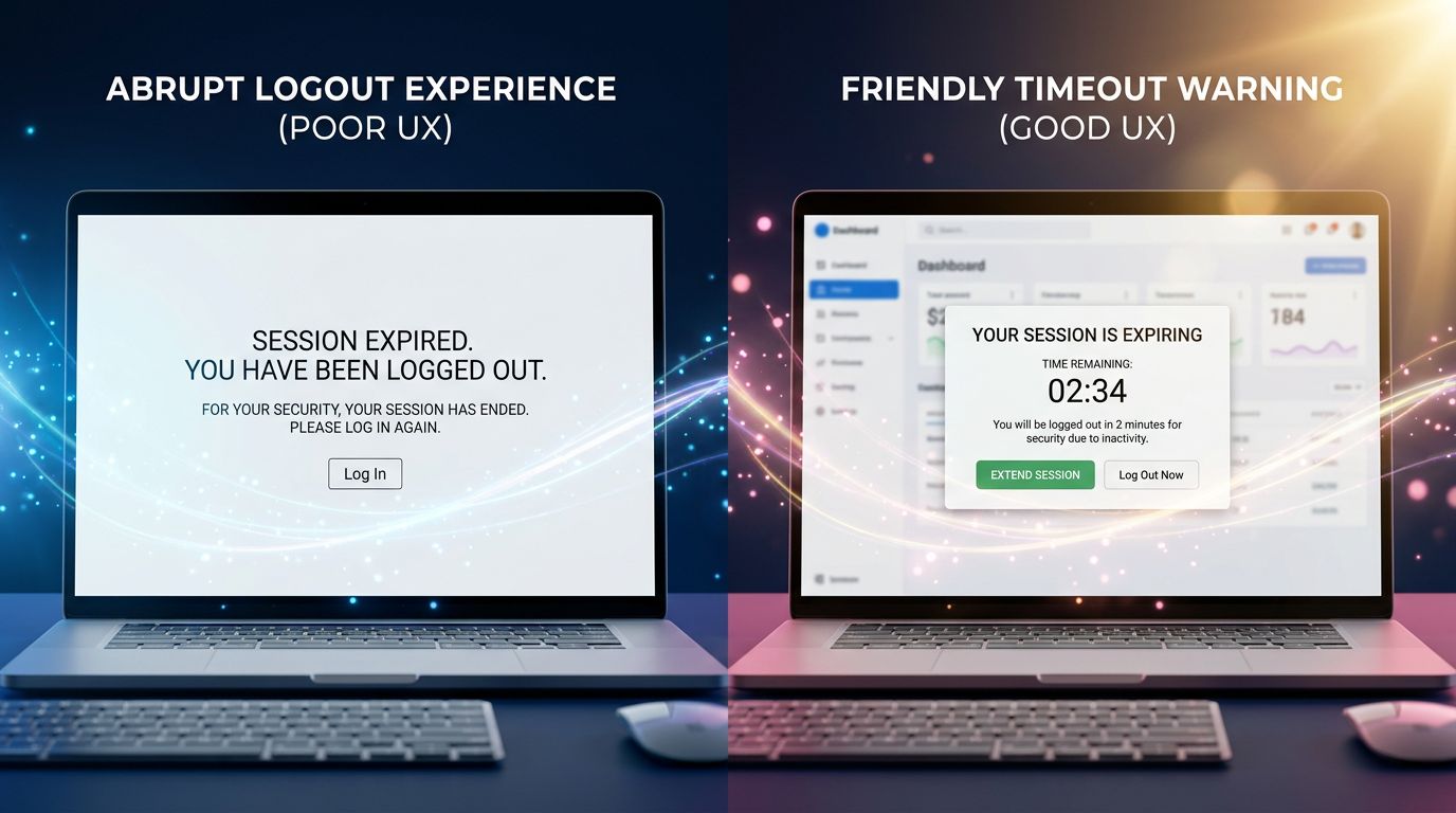 Comparaison entre une expiration de session brutale et une gestion accessible avec alerte préventive